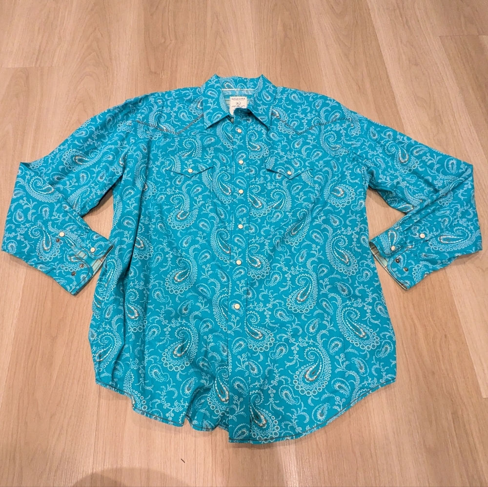 Rough Stock Turquoise Paisley Pearl Snap Long Sleeve Cowboy Size XL